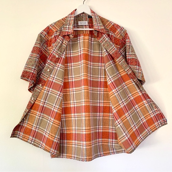 Orange check plaid geometric design short sleeve shirt by Tuttle Sportswear - Picture 6 of 16